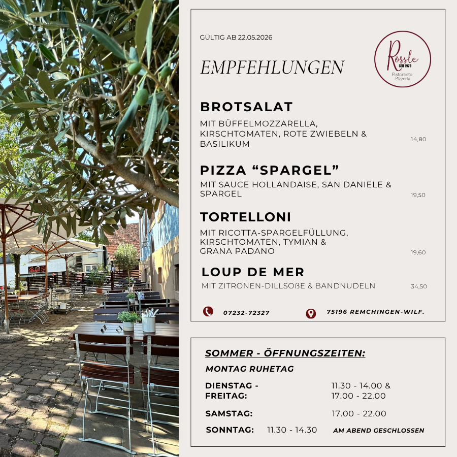 Übersicht der Rössle-Empfehlungen ab Oktober 2025: Parmigiana Auberginenauflauf, Kürbisravioli in Butter-Salbeisoße und Polpette della Nonna