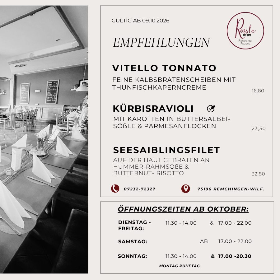 Empfehlungen Herbst 2025 – Italienische Spezialitäten im Rössle Remchingen Übersicht der Rössle-Empfehlungen ab Oktober 2025: Parmigiana Auberginenauflauf, Kürbisravioli in Butter-Salbeisoße und Polpette della Nonna