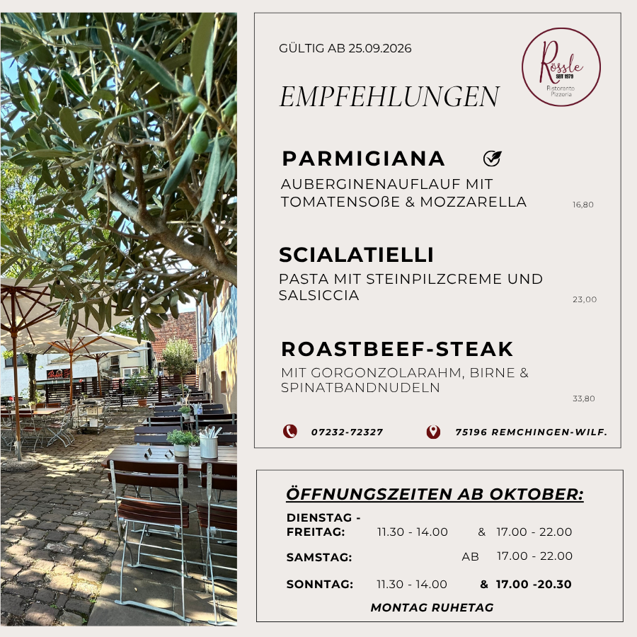 Empfehlungen Herbst 2025 – Italienische Spezialitäten im Rössle Remchingen Übersicht der Rössle-Empfehlungen ab Oktober 2025: Parmigiana Auberginenauflauf, Kürbisravioli in Butter-Salbeisoße und Polpette della Nonna