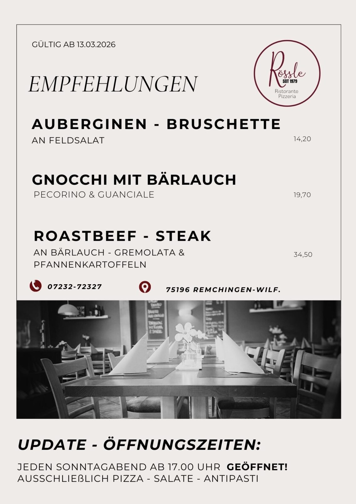 Übersicht der Rössle-Empfehlungen ab Oktober 2025: Parmigiana Auberginenauflauf, Kürbisravioli in Butter-Salbeisoße und Polpette della Nonna